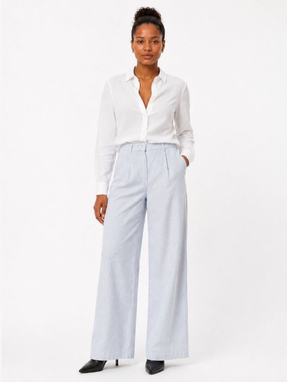 BR Banana Republic Size 31 Blue Pinstripe Wide Leg 100% Linen Pants Trousers